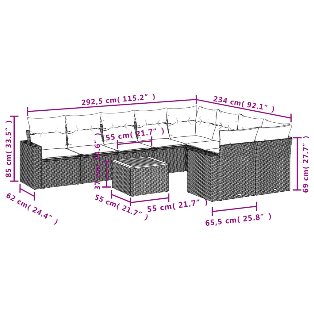 Set Divani da Giardino 10pz con Cuscini in Polyrattan Nero - homemem39