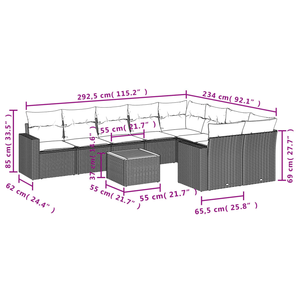 Set Divano da Giardino 10 pz con Cuscini Beige in Polyrattan - homemem39