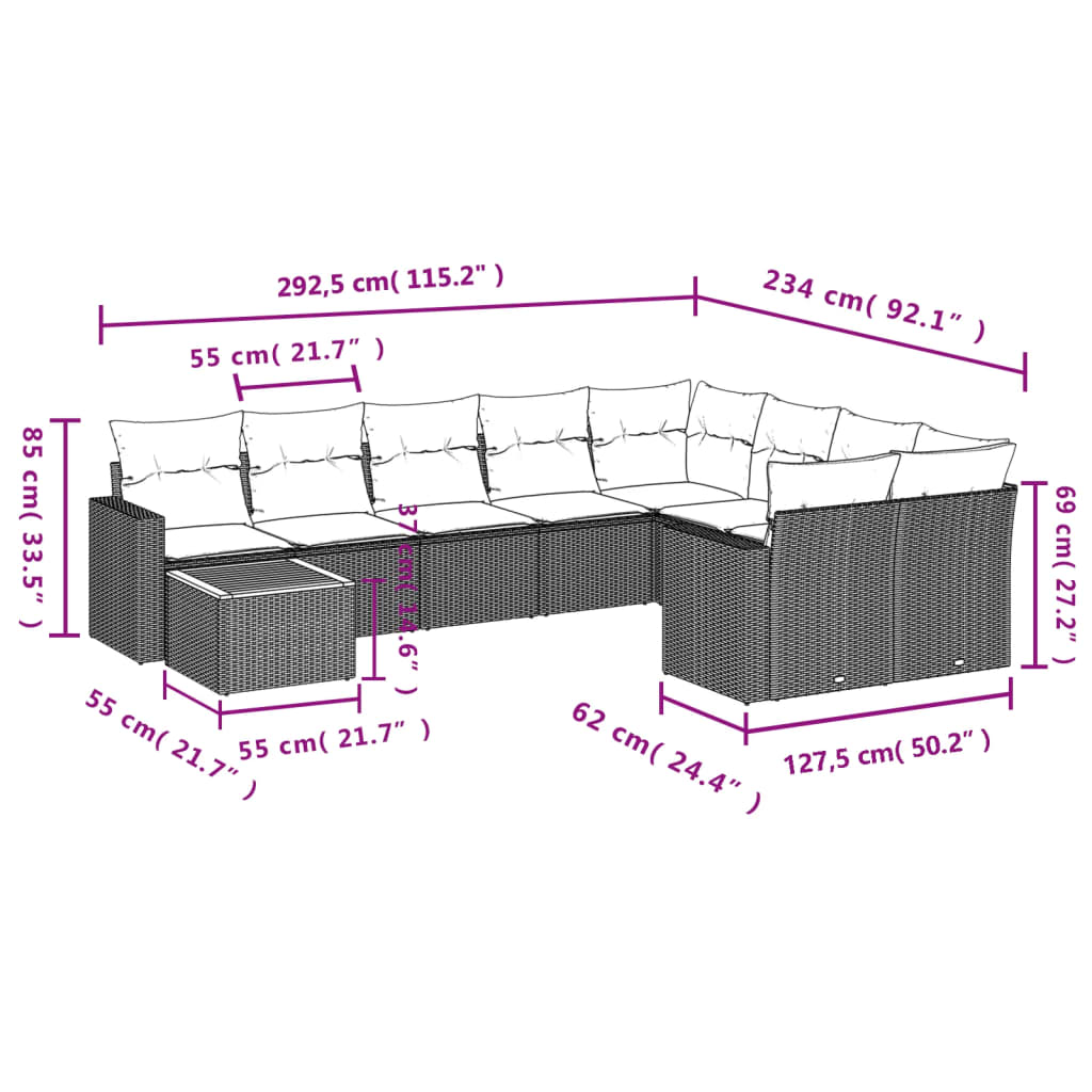 Set Divani da Giardino 10pz con Cuscini in Polyrattan Nero - homemem39