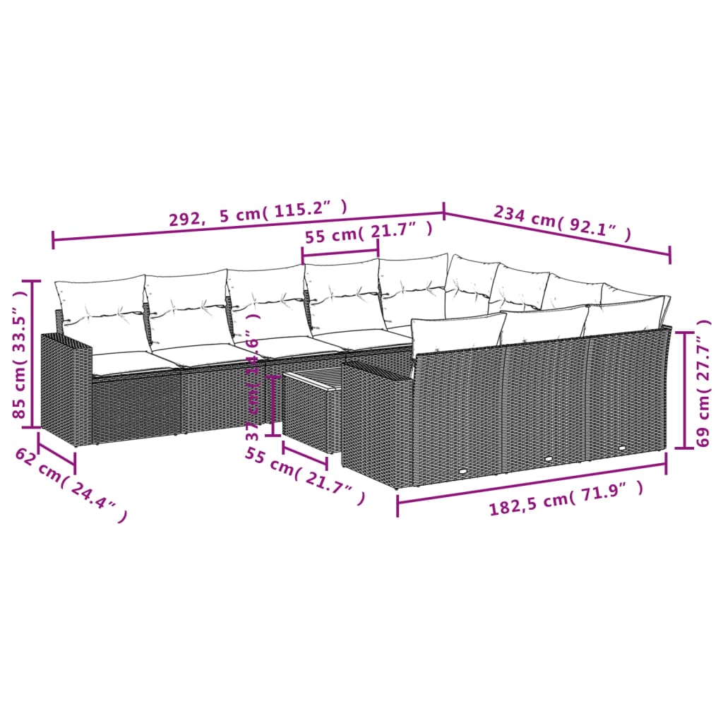 Set Divani da Giardino 11 pz con Cuscini in Polyrattan Grigio - homemem39