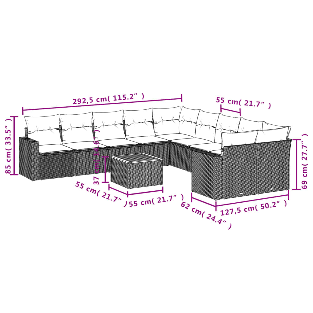 Set Divani da Giardino 11 pz con Cuscini in Polyrattan Nero - homemem39