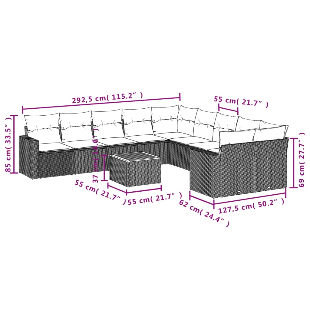 Set Divani da Giardino 11 pz con Cuscini Beige in Polyrattan - homemem39