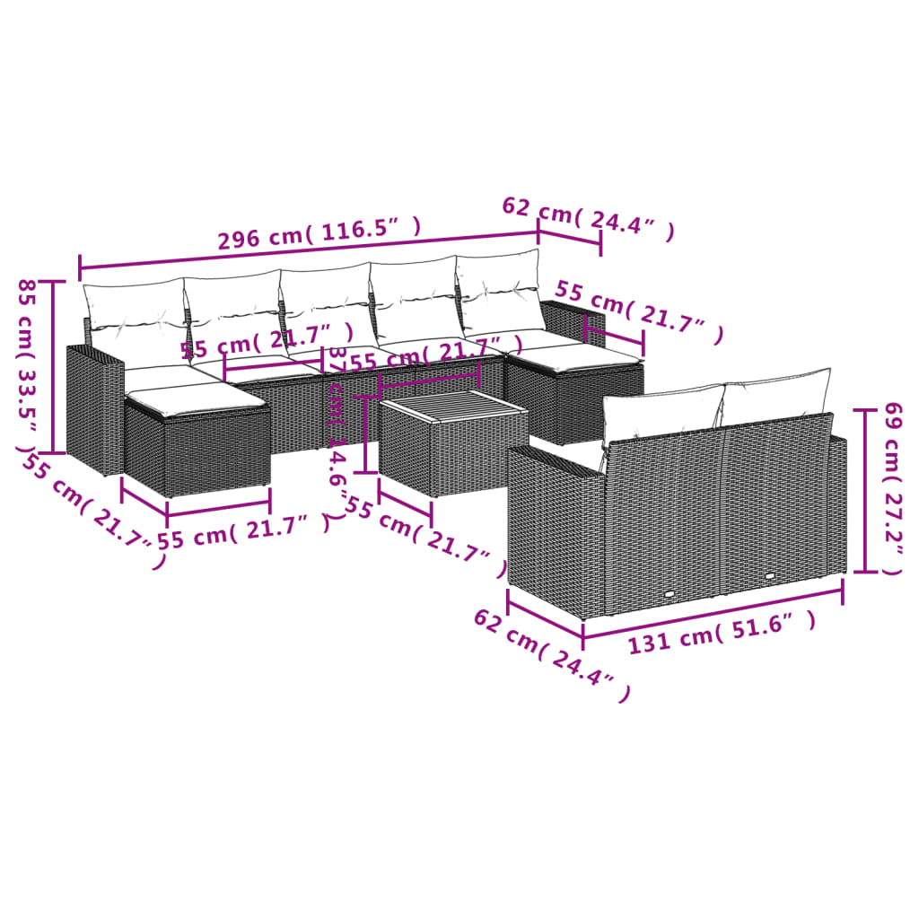 Set Divano da Giardino 10 pz con Cuscini Grigio in Polyrattan - homemem39