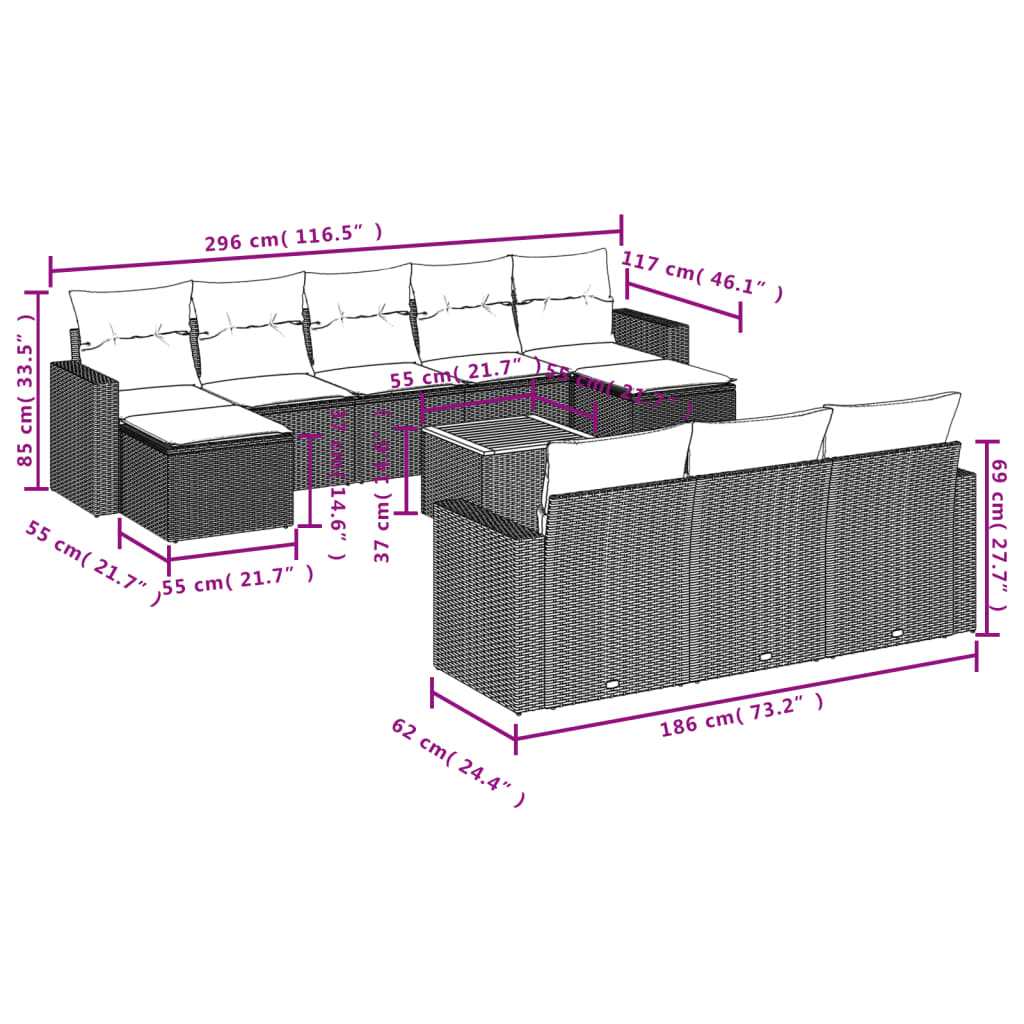 Set Divani da Giardino 11 pz con Cuscini in Polyrattan Grigio - homemem39