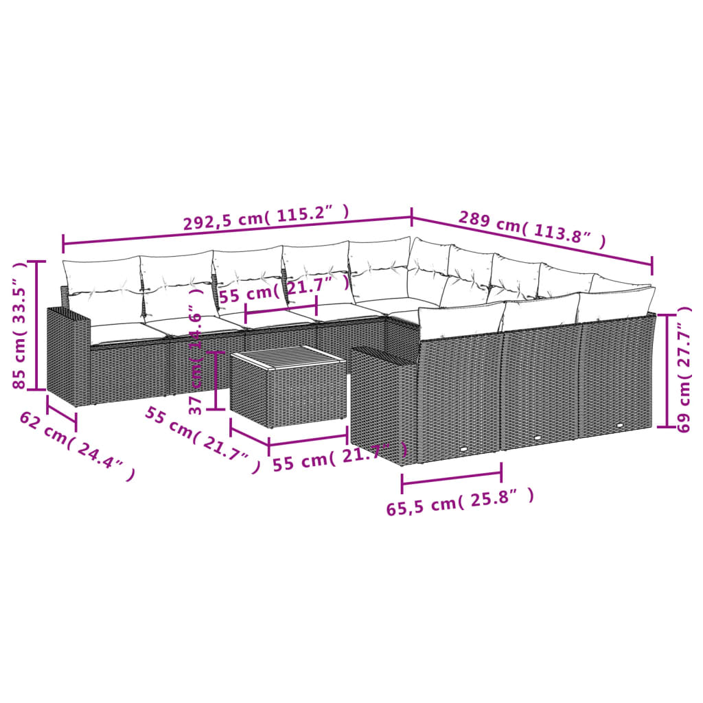 Set Divani da Giardino 12 pz con Cuscini Grigio in Polyrattan - homemem39