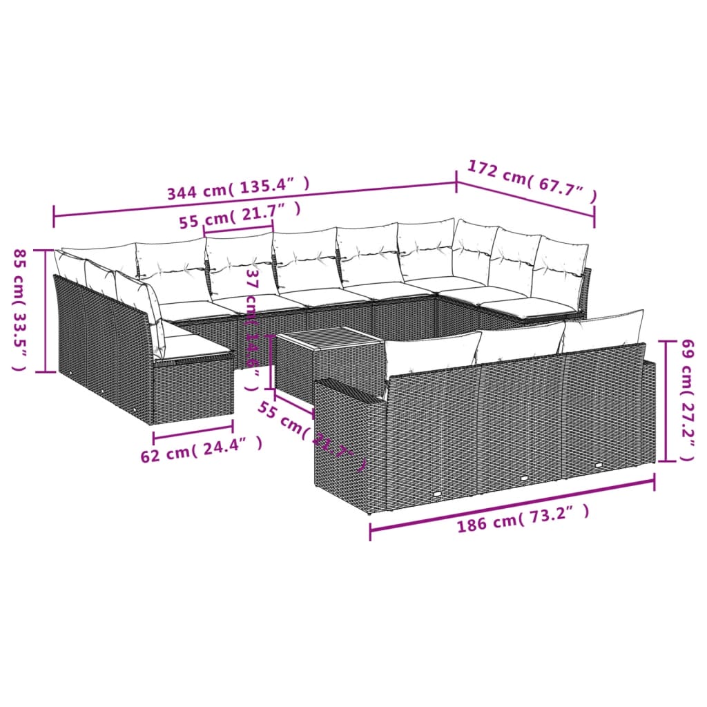 Set Divani da Giardino 14pz con Cuscini in Polyrattan Nero - homemem39