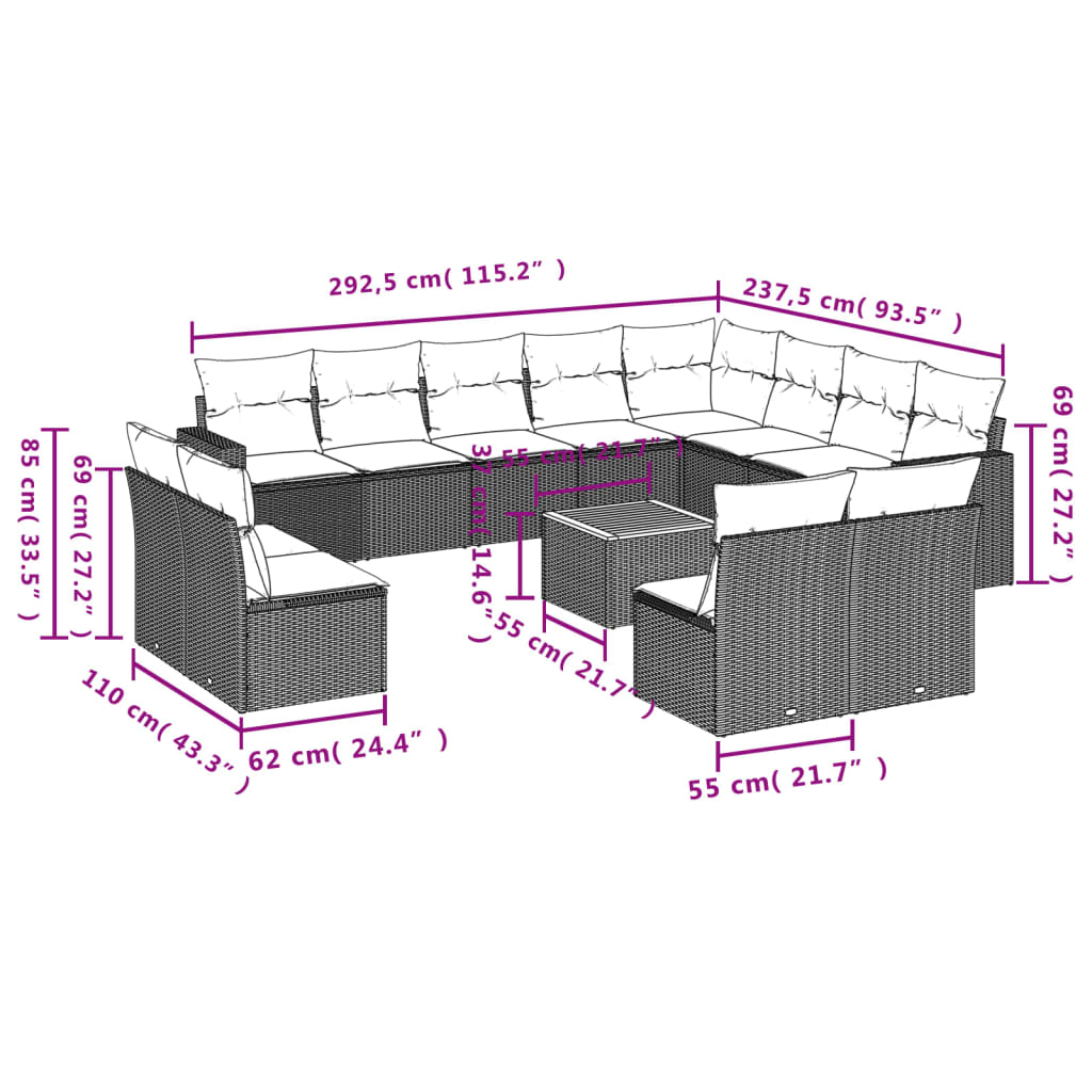 Set Divano da Giardino 13 pz con Cuscini Beige in Polyrattan - homemem39