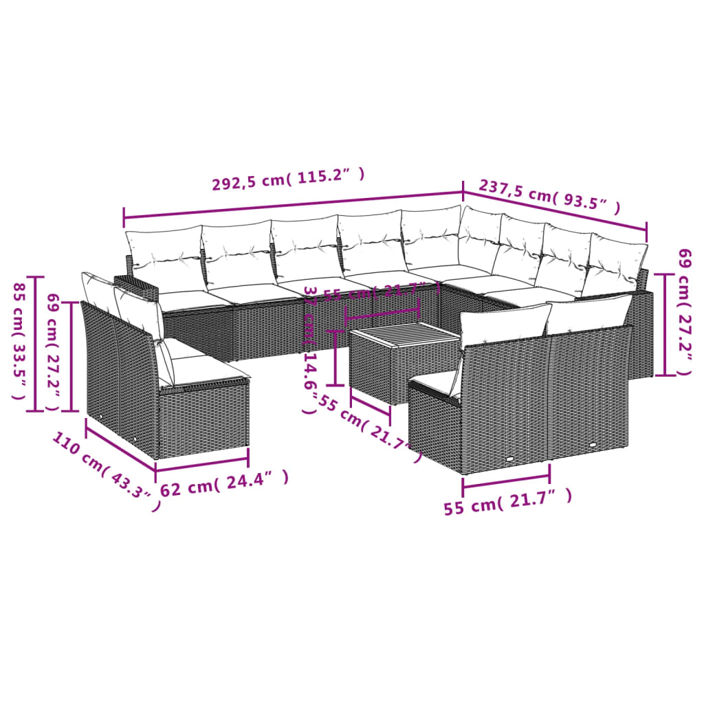 Set Divani da Giardino 13 pz con Cuscini Grigio in Polyrattan - homemem39