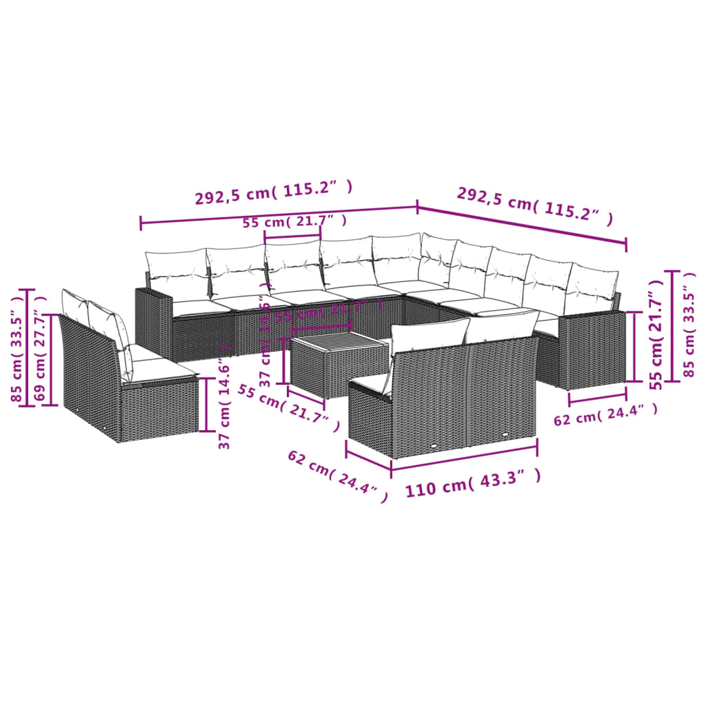 Set Divani da Giardino 14pz con Cuscini in Polyrattan Nero - homemem39