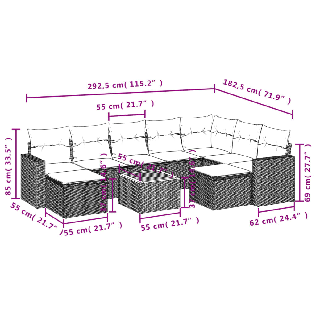 Set Divani da Giardino 10pz con Cuscini in Polyrattan Nero - homemem39