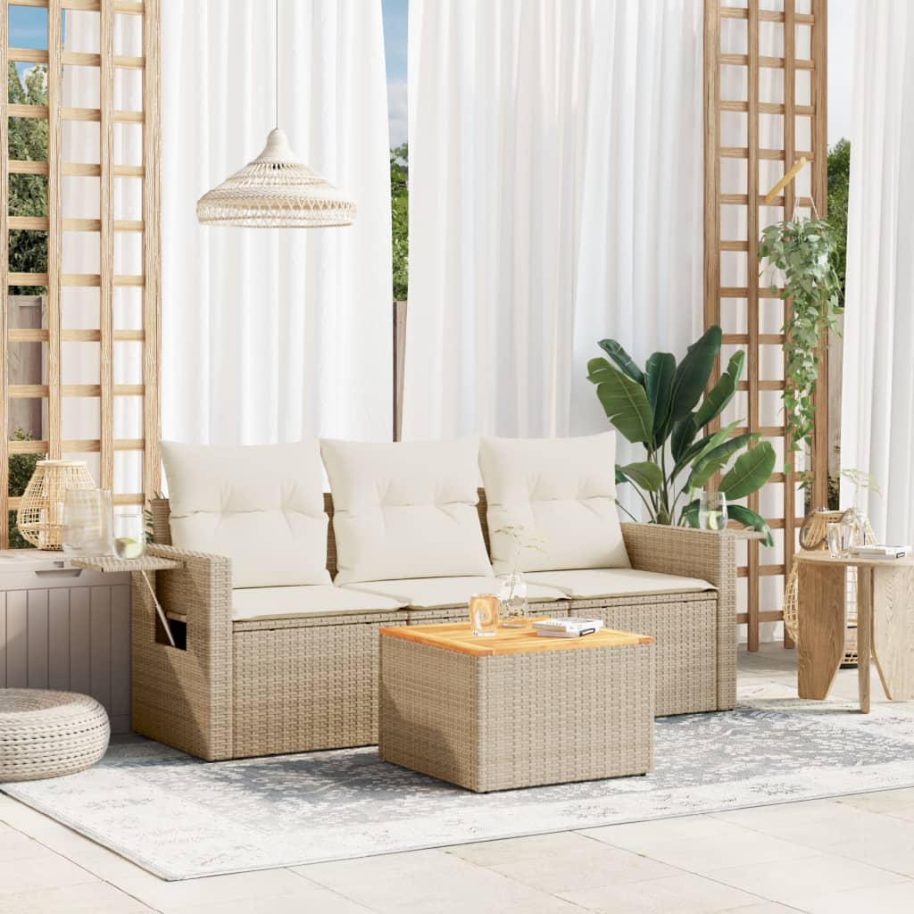 Set Divano da Giardino 4 pz con Cuscini Beige in Polyrattan - homemem39