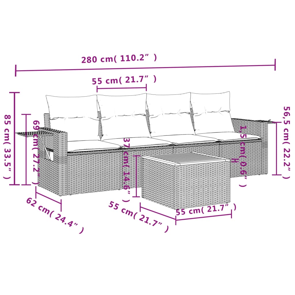 Set Divani da Giardino 5 pz con Cuscini in Polyrattan Nero - homemem39