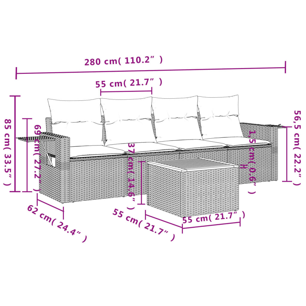 Set Divano da Giardino 5 pz con Cuscini Grigio in Polyrattan - homemem39