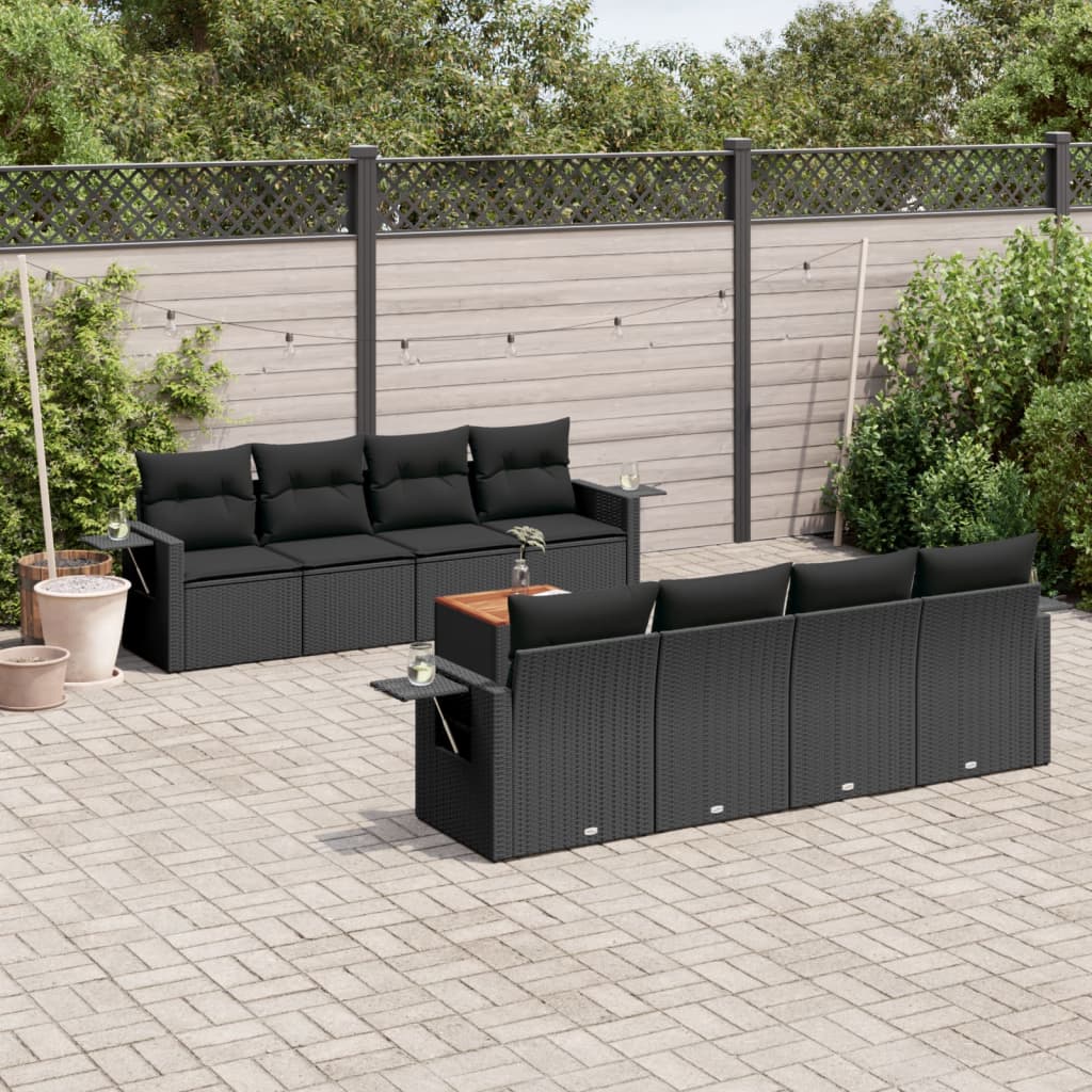 Set Divani da Giardino 9 pz con Cuscini Nero in Polyrattan - homemem39