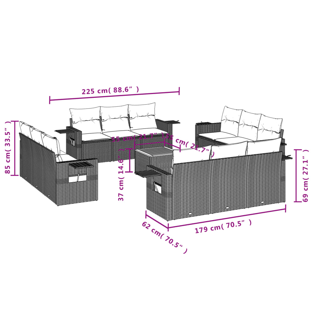 Set Divani da Giardino 13 pz con Cuscini Grigio in Polyrattan - homemem39