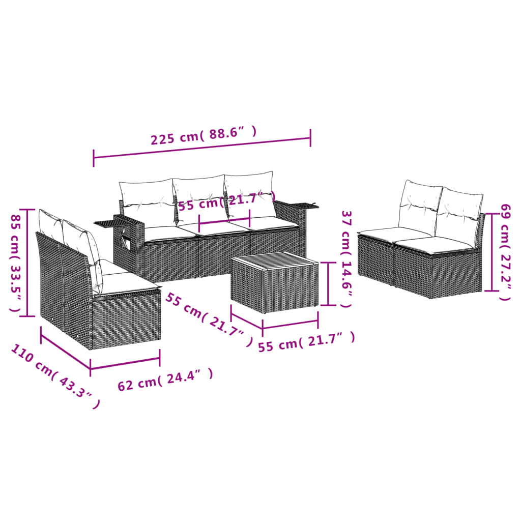 Set Divani da Giardino con Cuscini 8 pz Nero in Polyrattan - homemem39