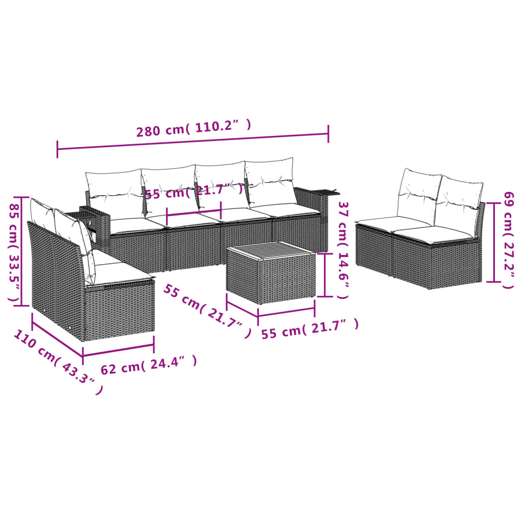 Set Divani da Giardino 9 pz con Cuscini Nero in Polyrattan - homemem39