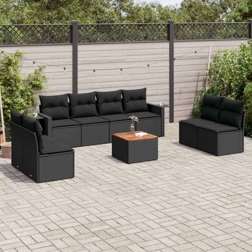 Set Divani da Giardino 9 pz con Cuscini Nero in Polyrattan - homemem39