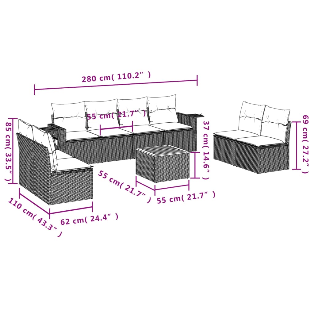 Set Divano da Giardino 9 pz con Cuscini Grigio in Polyrattan - homemem39