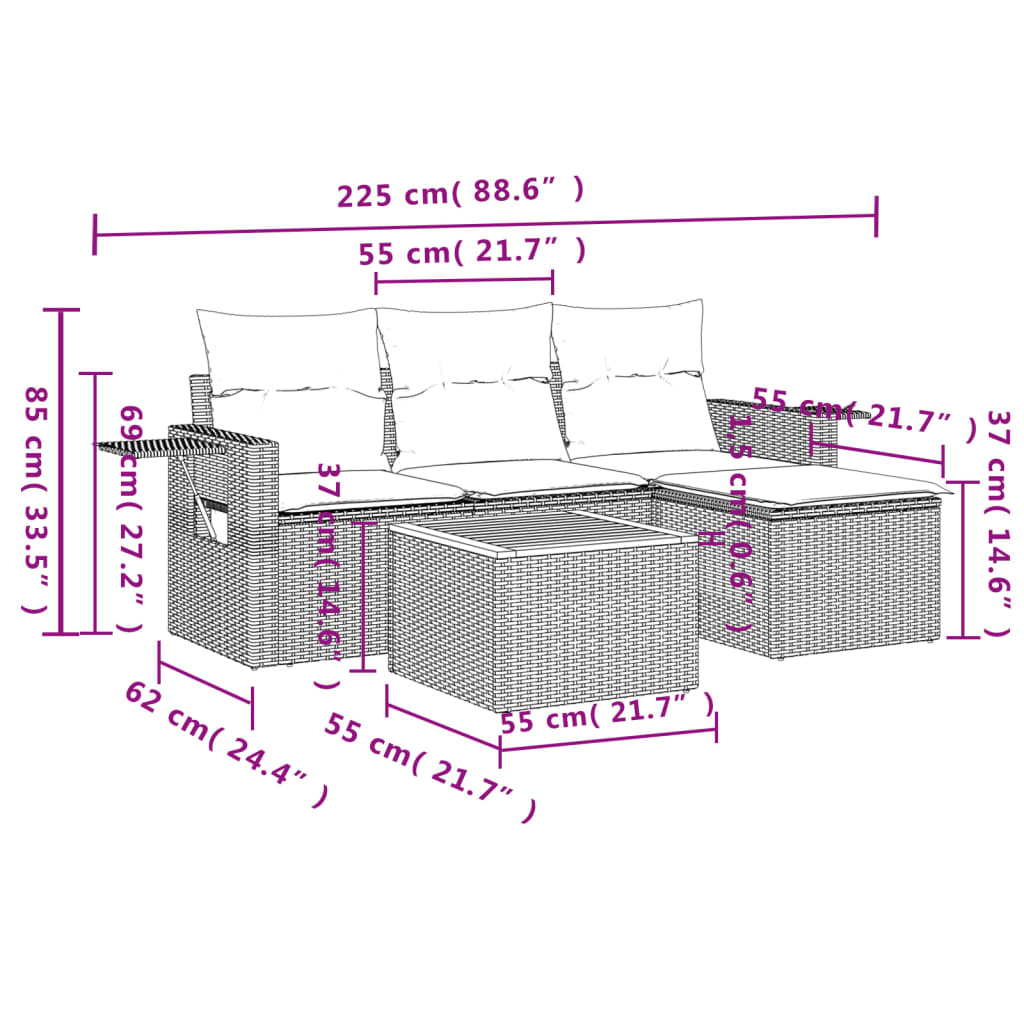 Set Divani da Giardino 5 pz con Cuscini in Polyrattan Nero - homemem39