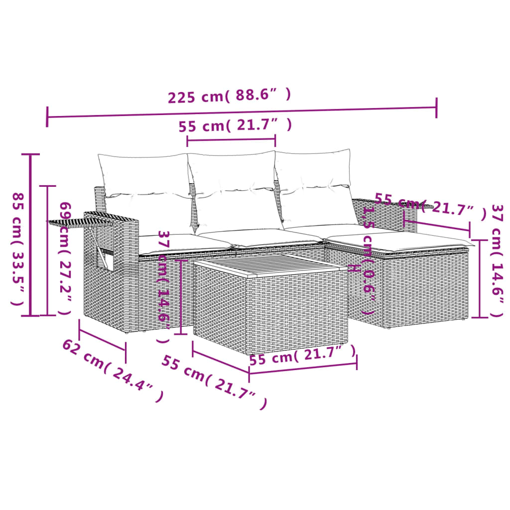 Set Divano da Giardino 5 pz con Cuscini Grigio in Polyrattan - homemem39