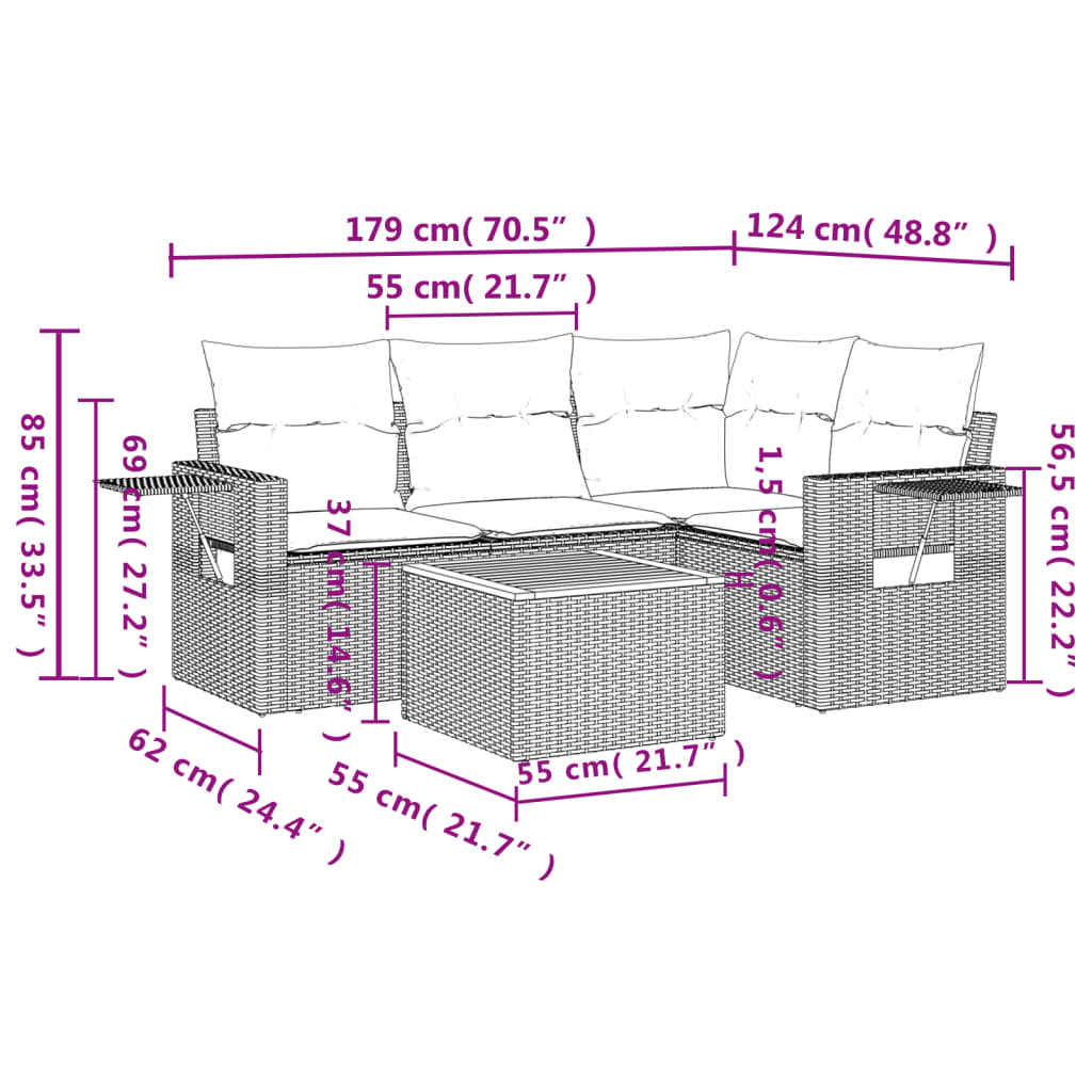 Set Divano da Giardino 5 pz con Cuscini Beige in Polyrattan - homemem39