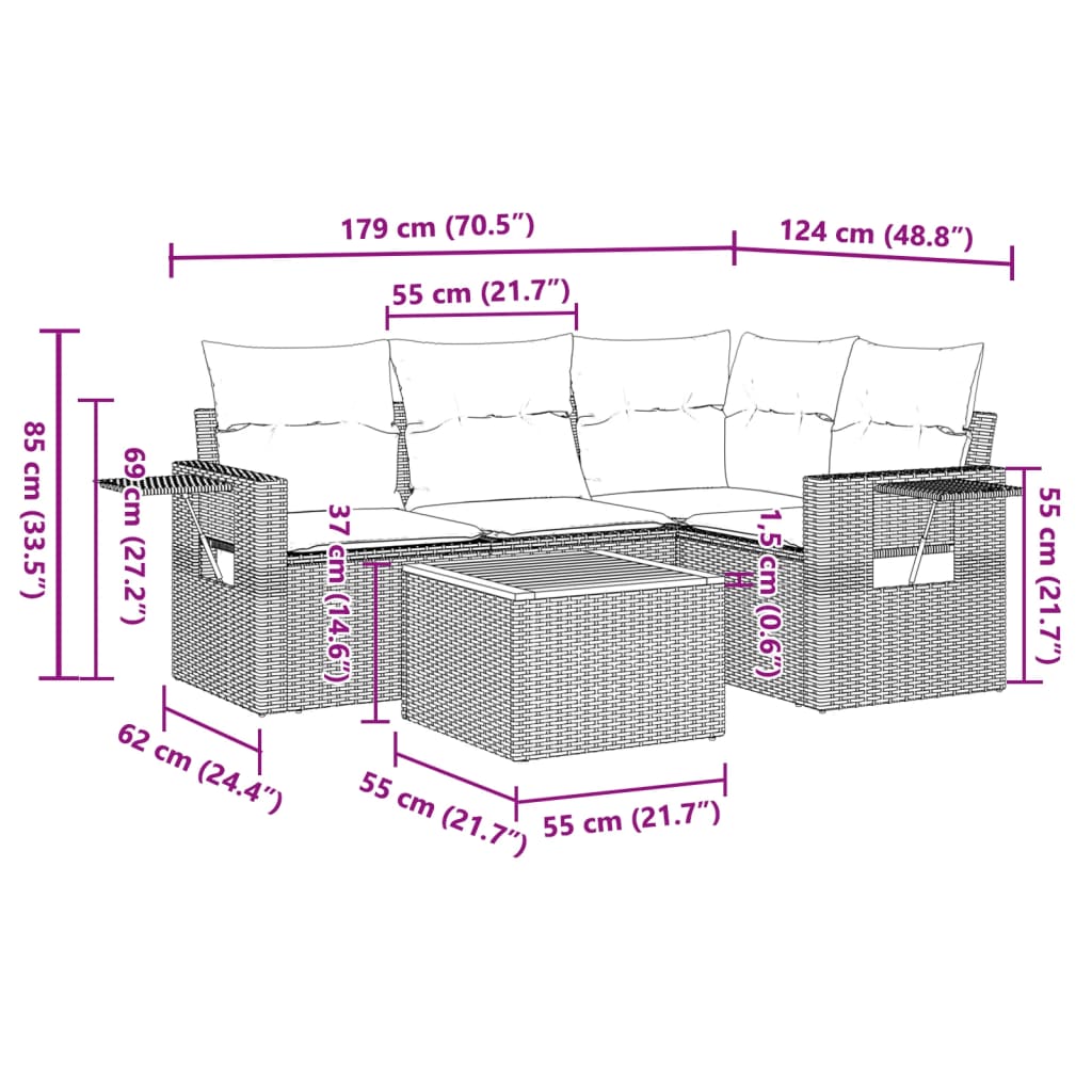 Set Divano da Giardino 5 pz con Cuscini Grigio in Polyrattan - homemem39