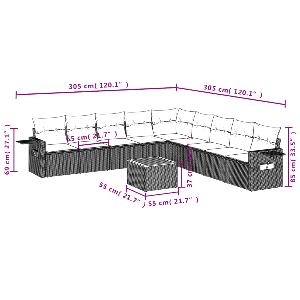 Set Divano da Giardino 10 pz con Cuscini Beige in Polyrattan