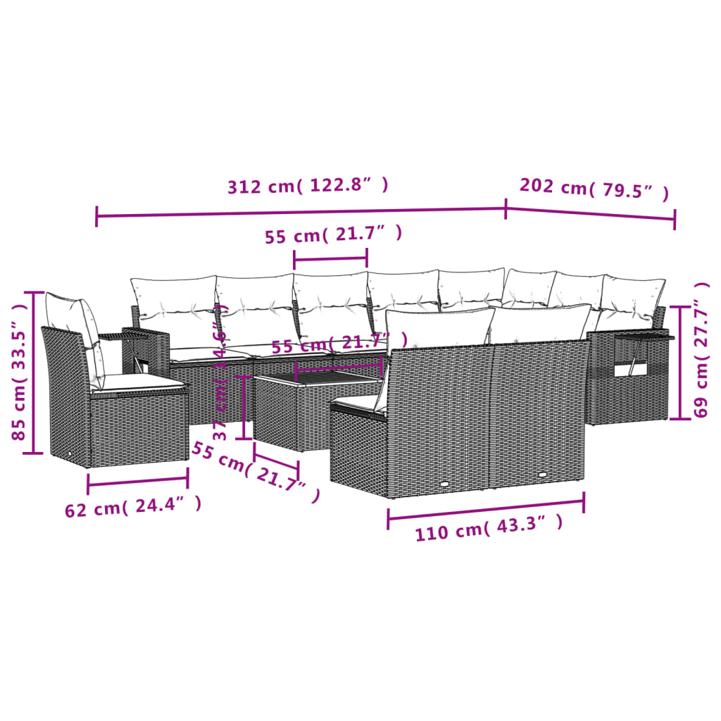 Set Divani da Giardino 11 pz con Cuscini in Polyrattan Nero - homemem39