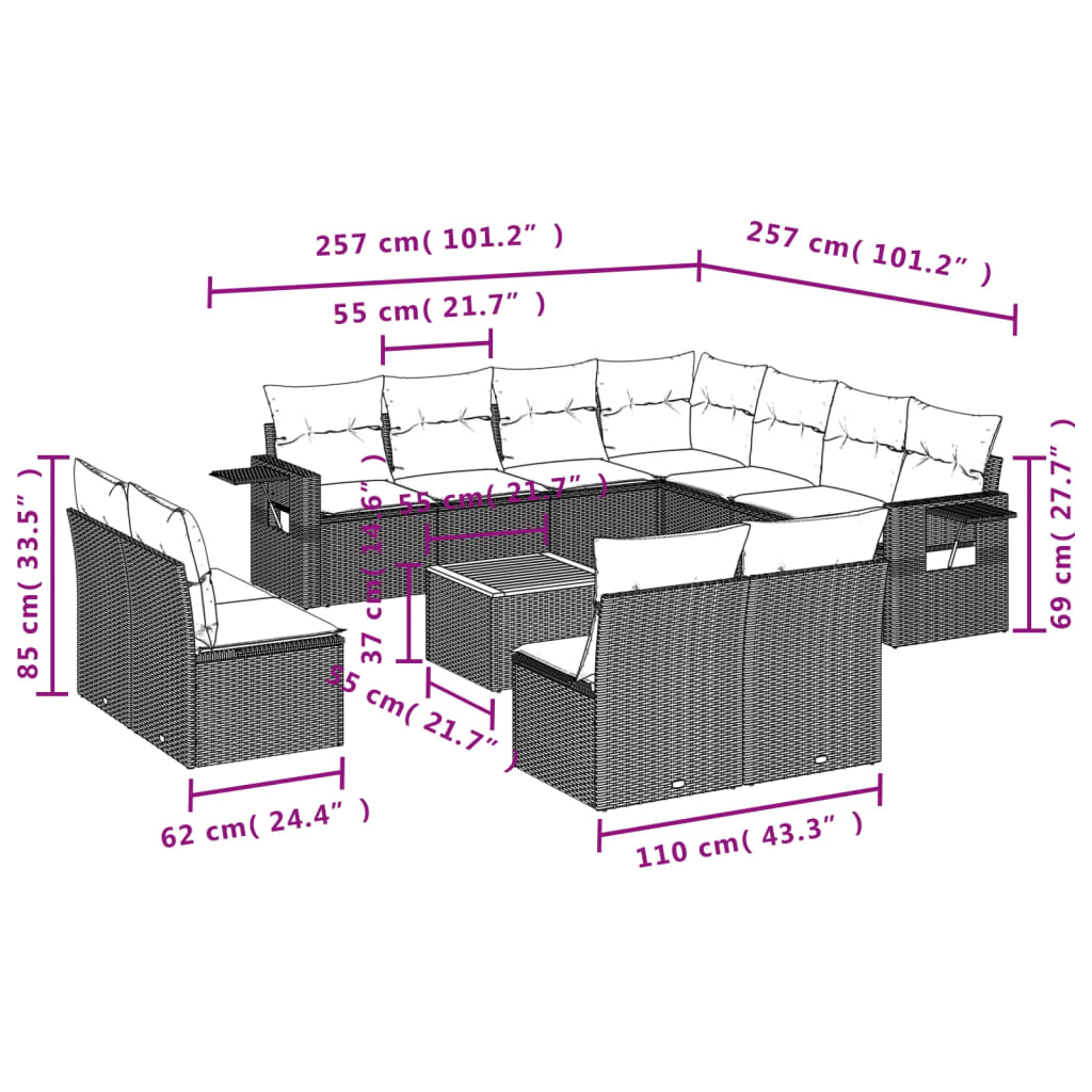 Set Divani da Giardino 12 pz con Cuscini Nero in Polyrattan - homemem39