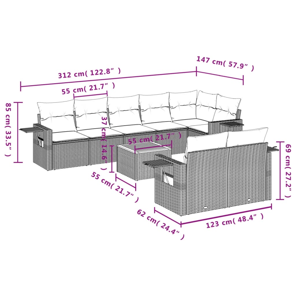 Set Divano da Giardino 9 pz con Cuscini Grigio in Polyrattan - homemem39