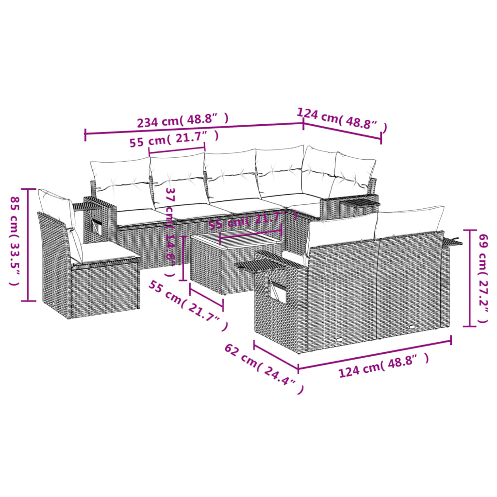 Set Divani da Giardino 9 pz con Cuscini Nero in Polyrattan - homemem39