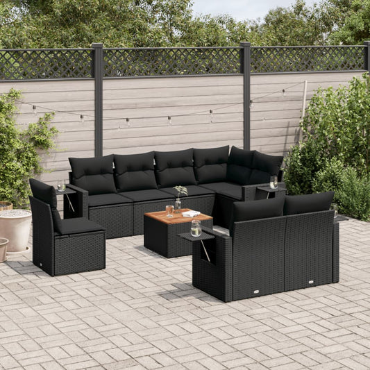 Set Divani da Giardino 9 pz con Cuscini Nero in Polyrattan - homemem39