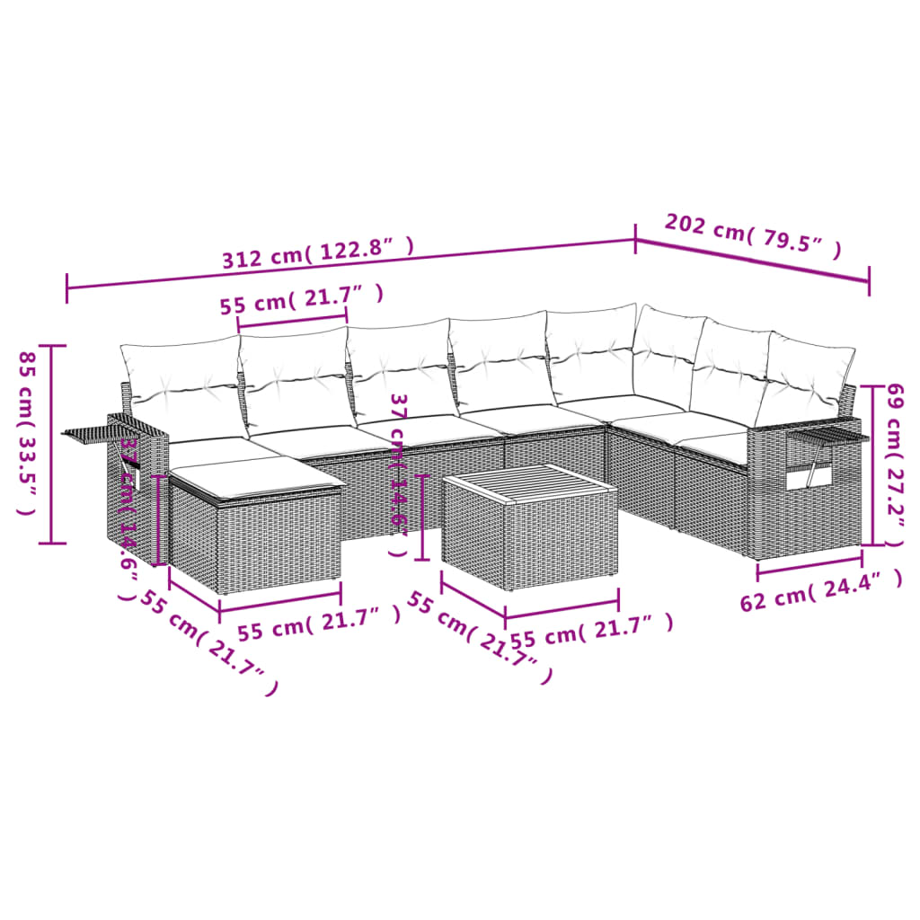 Set Divani da Giardino 9 pz con Cuscini Nero in Polyrattan - homemem39