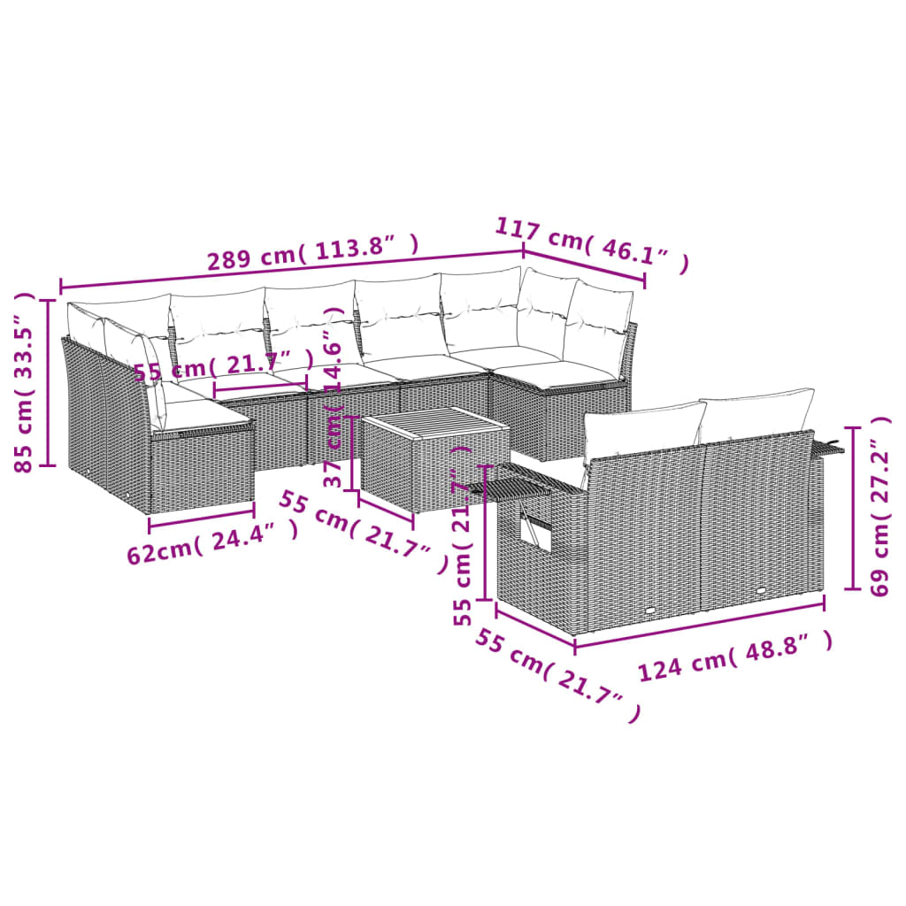 Set Divani da Giardino 10pz con Cuscini in Polyrattan Nero - homemem39