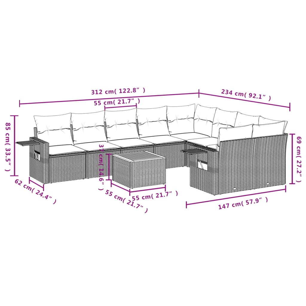 Set Divani da Giardino 10pz con Cuscini in Polyrattan Nero - homemem39