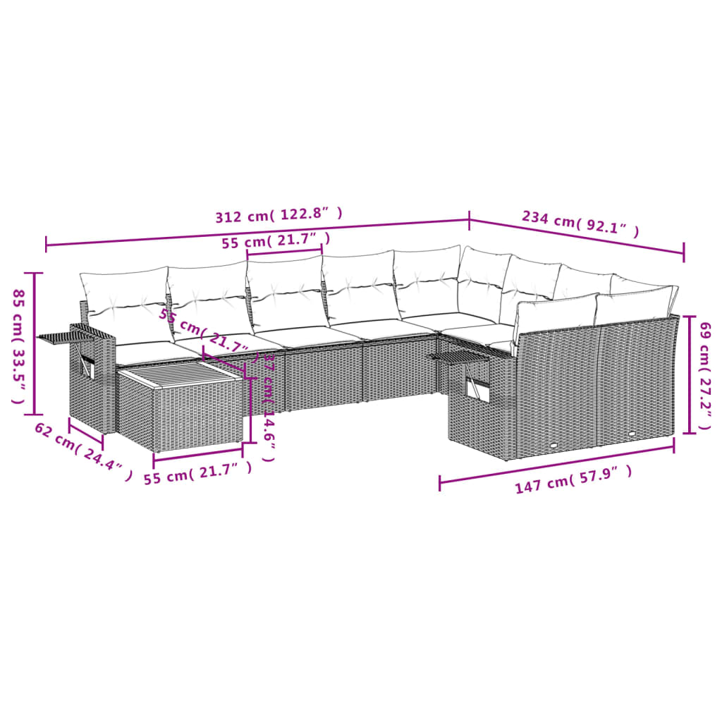 Set Divani da Giardino 10pz con Cuscini in Polyrattan Nero - homemem39