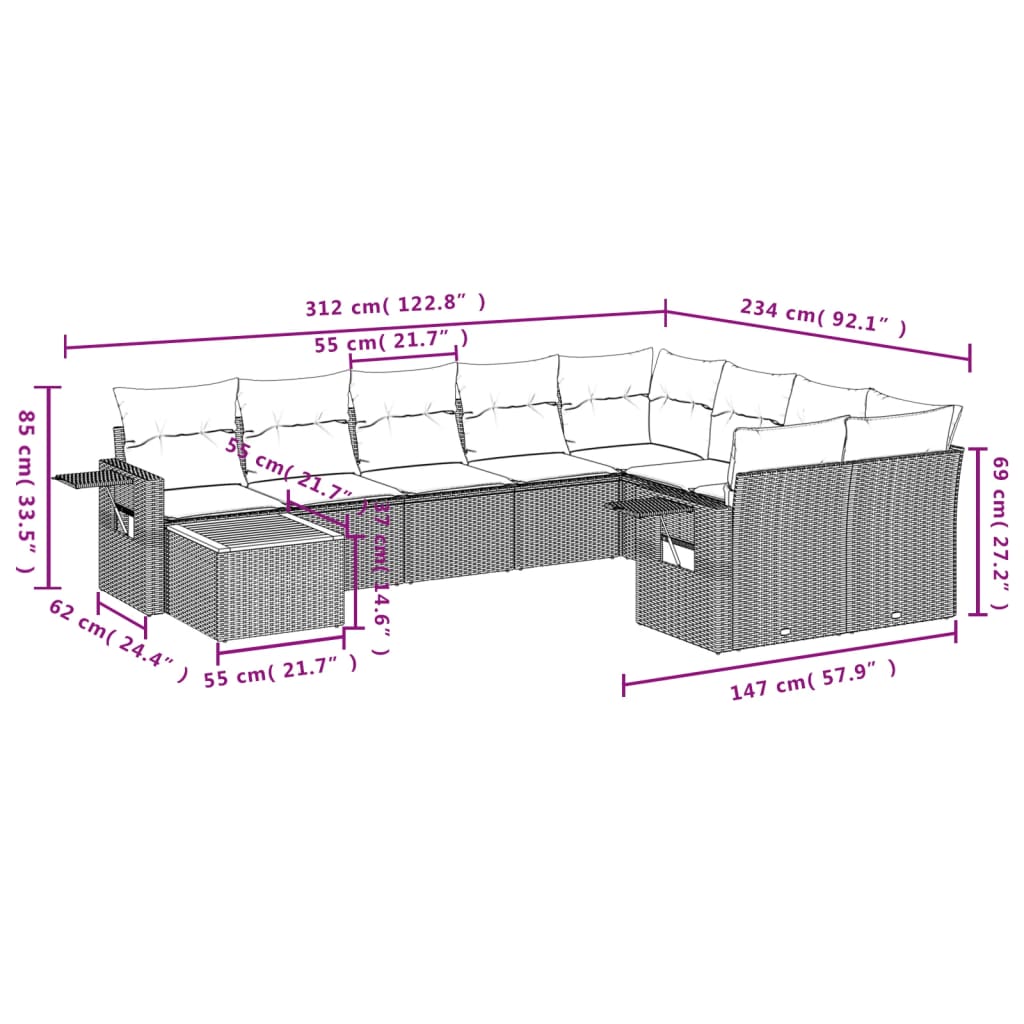 Set Divani da Giardino 10pz con Cuscini in Polyrattan Nero - homemem39