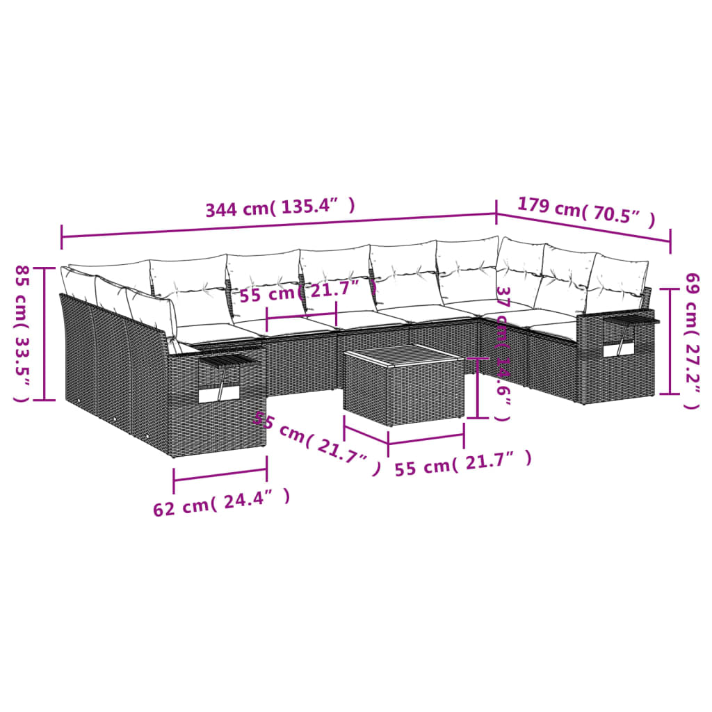 Set Divani da Giardino 11 pz con Cuscini in Polyrattan Nero - homemem39