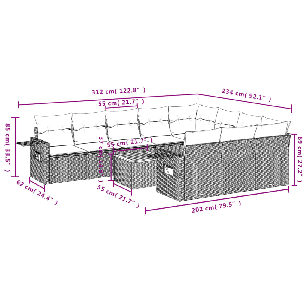 Set Divani da Giardino 11 pz con Cuscini in Polyrattan Grigio - homemem39