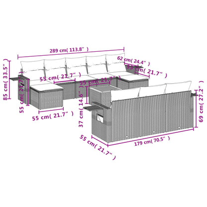 11-teiliges Gartensofa-Set mit schwarzen Polyrattan-Kissen