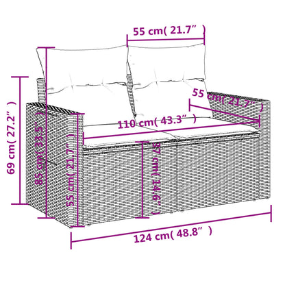 11-teiliges Gartensofa-Set mit schwarzen Polyrattan-Kissen