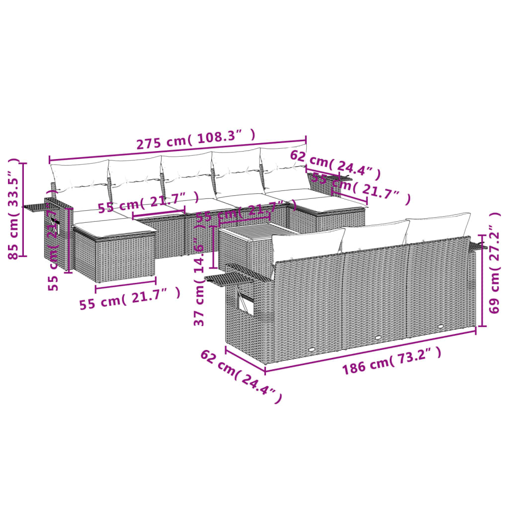 Set Divani da Giardino 11 pz con Cuscini in Polyrattan Grigio - homemem39