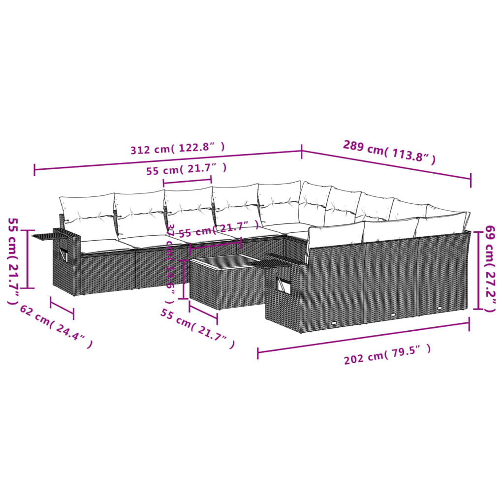 Set Divani da Giardino 12 pz con Cuscini Grigio in Polyrattan - homemem39