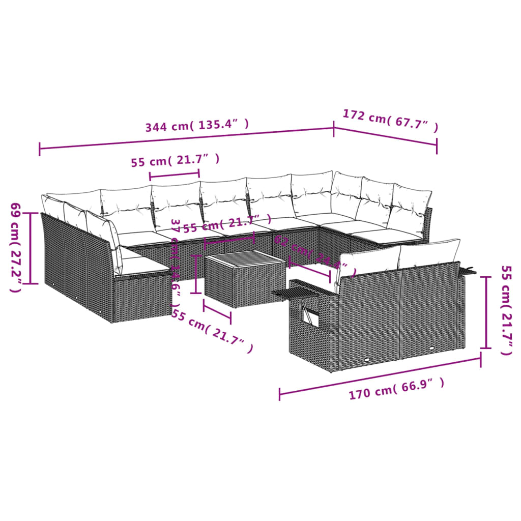 Set Divani da Giardino 13 pz con Cuscini Grigio in Polyrattan - homemem39