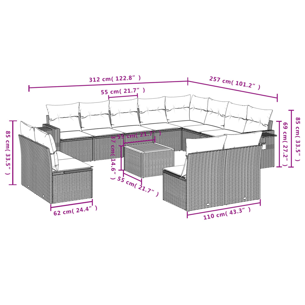 Set Divani da Giardino 13 pz con Cuscini Grigio in Polyrattan - homemem39