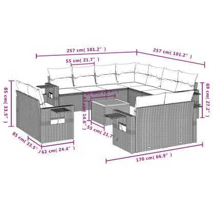 12-teiliges Gartensofa-Set mit schwarzen Polyrattan-Kissen