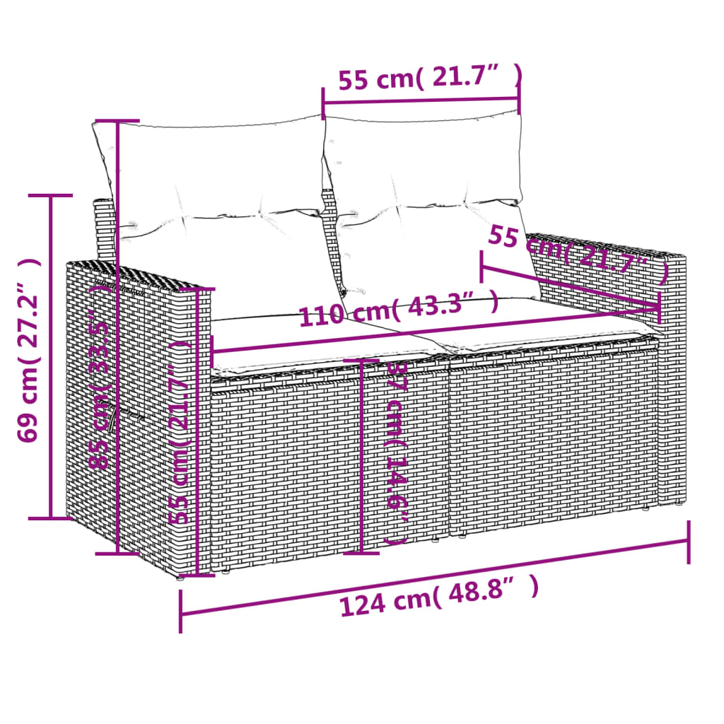 12-teiliges Gartensofa-Set mit schwarzen Polyrattan-Kissen