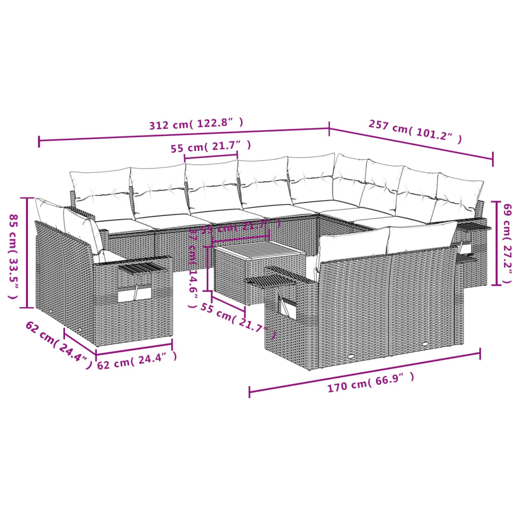 Set Divani da Giardino 13 pz con Cuscini Grigio in Polyrattan - homemem39