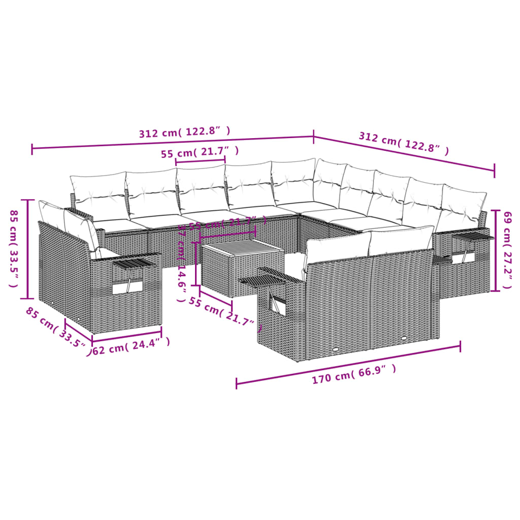 Set Divani da Giardino 14pz con Cuscini in Polyrattan Nero - homemem39